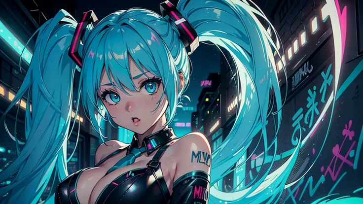 One upscale close-up of a high-pitched virtual singer in a neon-lit back alley, (Hatsune Miku), (Super Detail), (8K), ((Hip Hop Fashion)), (Graffiti Wall), (Hyperdetailed Face), (Confident Expression), (Upper Body Focus), ((ultra huge breast)).