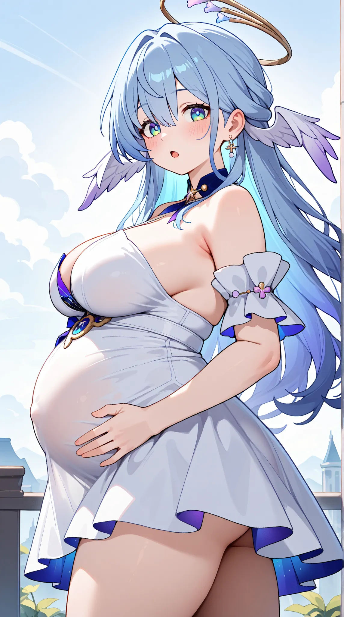 1 girl, solo, long hair, large breasts, looking at viewer, blush, blue eyes, hair between eyes,  thighs, green eyes, blue hair, cowboy shot, earrings, white dress,halo,  head wings, robin (honkai: star rail), surprised,turning head,chubby,pregnant,outdoors...