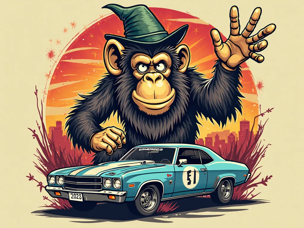 I'm looking for a creative, cartoonish t-shirt design for our upcoming event, the Kansas OutKast Gambler 500. The design should prominently feature the monkey from the Wizard of Oz, as he's been our main design in the past. We would like the design to be b...