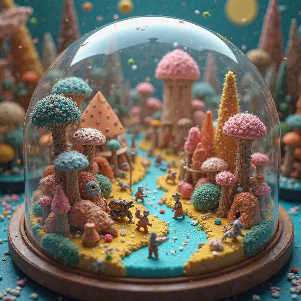 "Create a microscopic, surreal battlefield diorama, a whimsical clash of epochs painted in a vibrant, dreamlike style. Imagine a tiny, fantastical world housed within a glass dome, a surreal museum exhibit come to life.

Instead of realism, embrace stylize...