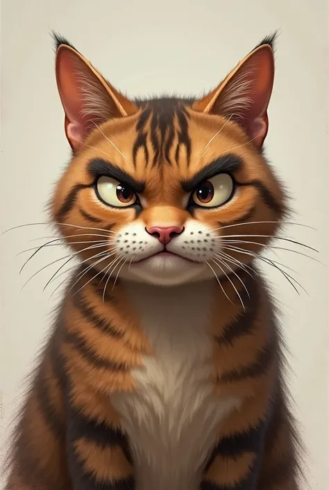 A highly detailed digital painting of a realistic anthropomorphic cat, but with the facial features and expression of a human actor. The cat has a round face, expressive thick eyebrows, and a slightly exaggerated frown, giving it a comically angry yet clum...