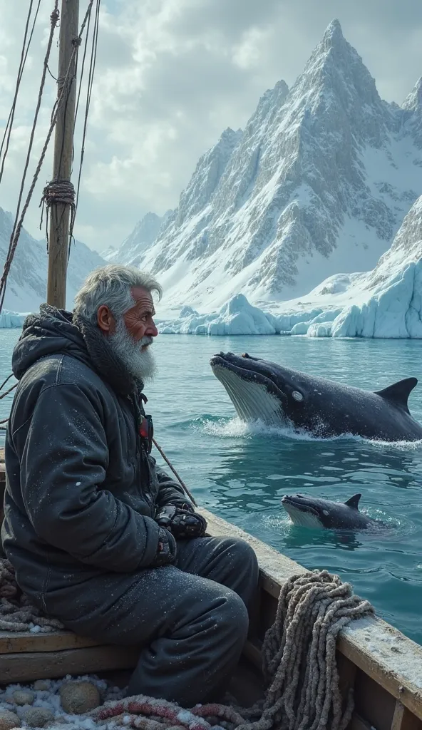 ultra realistic image of a whale and its calf swimming next to a fishing boat that has an elderly man watching them, the man wears black cold weather clothes. The scene takes place in the icy arctic