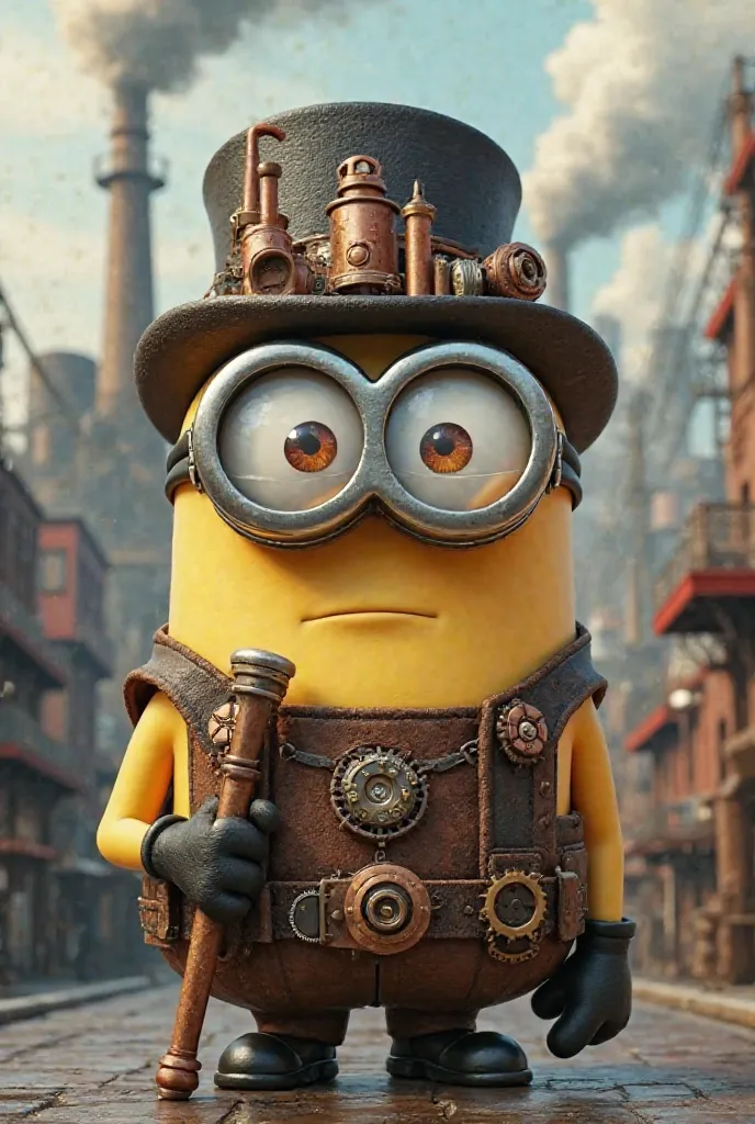 A Minion in a steampunk universe, wearing a brown leather vest, retro gear glasses on his head and a top hat decorated with copper tubes. His costume has gears and metal tubes, and he holds a cane with mechanical details. The background shows a steampunk c...