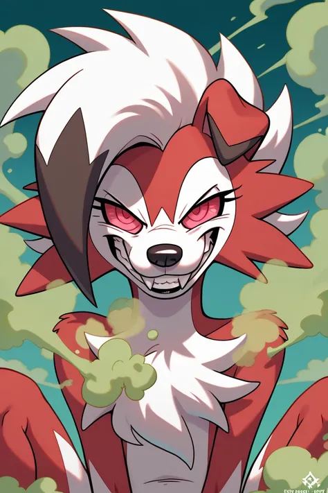 furry Lycanroc, pokemon, red fur, white hair, black tip hair, smirking expression, pretty, female, cartoon, toony style, sharp pointy teeth, toothy grin, female, spikey hair, gas, farting, facing away from viewer, fart, covered in gas, green smoke coming f...