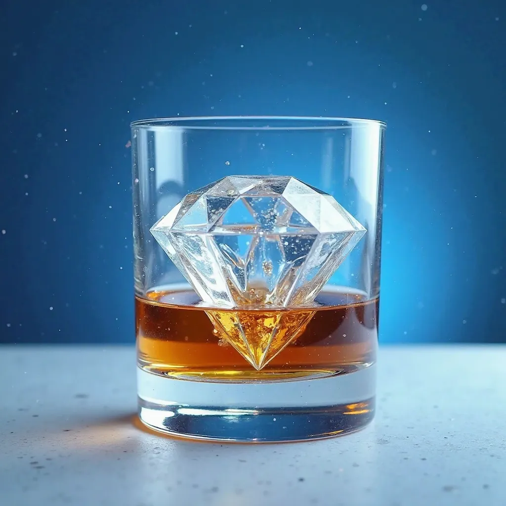  Visual Elements ：
Main picture ：An ice sculpture of a fully, highly transparent polygonal diamond is placed inside a whiskey glass
requiring：Pour whiskey into a glass，diamond tip underneath
Ice sculpture color：Blue and white gradient（ Echoes the transpare...