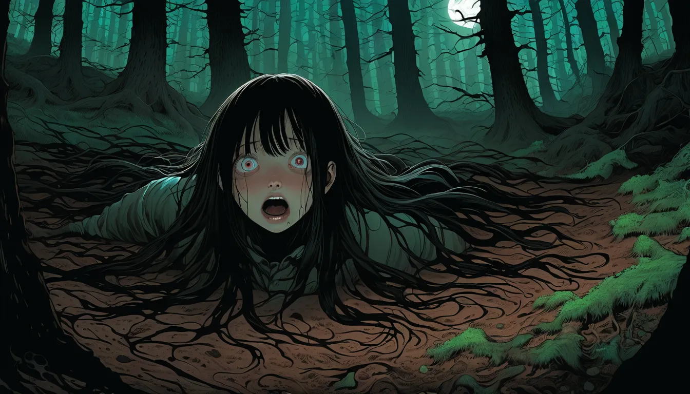 An illustration、art、90s horror movie posters, Supervised by Junji Ito、High detail, Realistic shadows、Analog Style, chromatic aberration, Surrealism、Complementary Gradient "The forest floor at night, covered in damp, uneven soil with tangled roots emerging ...