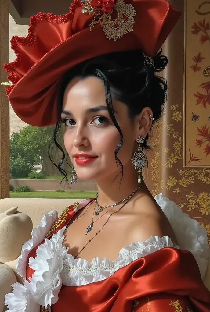 Make her look like an 1800's courtesan with a red hat and lacquer, having wavy brown hair and brown eyes