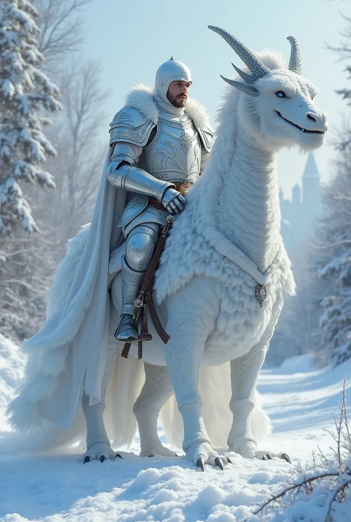 Show me a white knight, which protects a medieval village from monsters on the back of a frost dragon! The knight is wearing white-light blue epic armor with a cape, And the dragon is also completely white and has frost-blue eyes