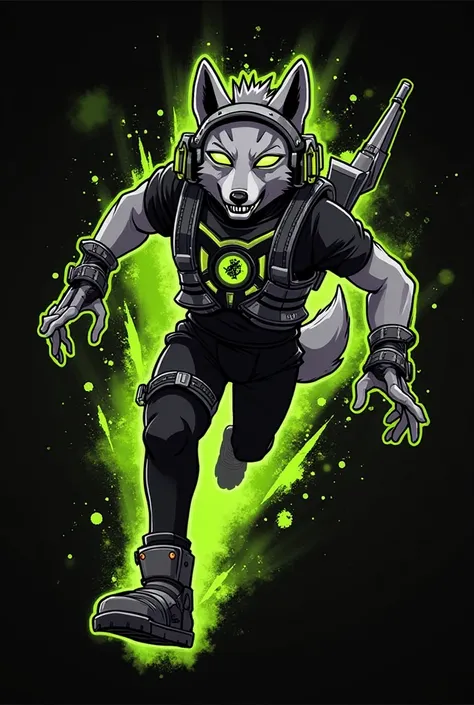 The image depicts a dynamic and energetic character, likely a wolf or canine-like figure, running forward with a determined expression. The character is adorned with futuristic and high-tech accessories, including a pair of large headphones with glowing gr...