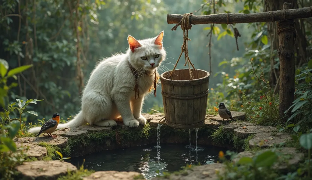 A white cat with messy fur, wearing a tattered frock, is standing beside a deep old stone well in a dense jungle. The cat is struggling to pull up a heavy wooden bucket filled with water, using both paws to grip the rough rope tightly. Its face shows exhau...