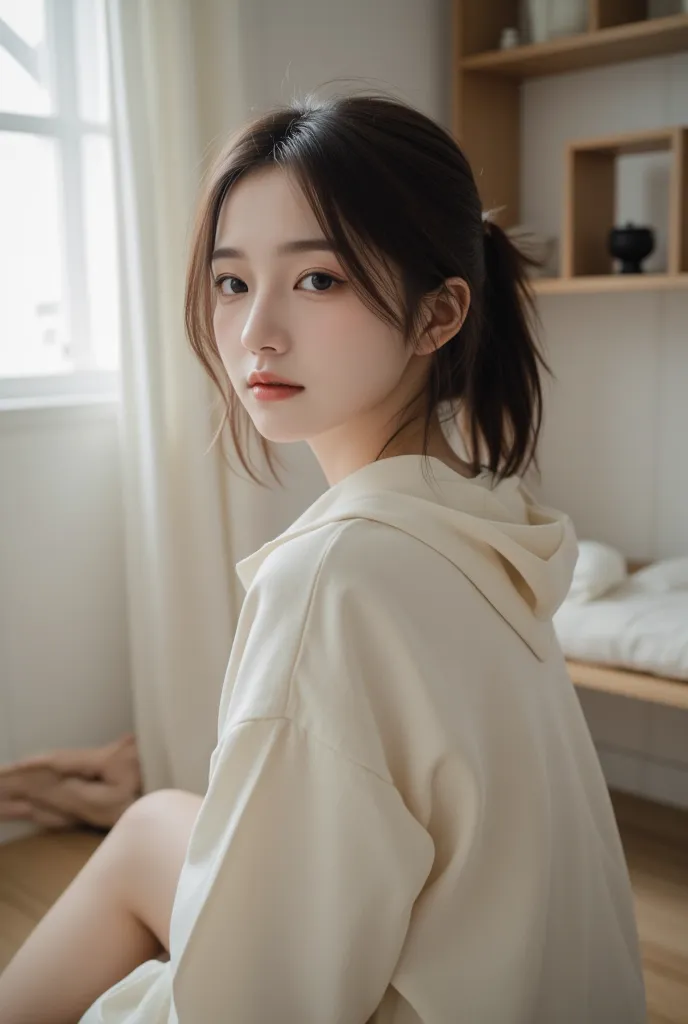  Japanese Female、cute、 back view、 hoodie、panties、 single living room