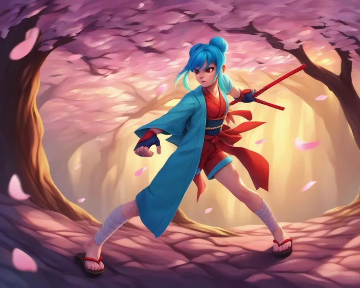 1girl, Bangs, blue hair Hair Bun, a hoodie kunoichi 
Hoodie cherry long sleeve robe fingerless gloves skirt and sandals kung fu shorts bow behind her back 