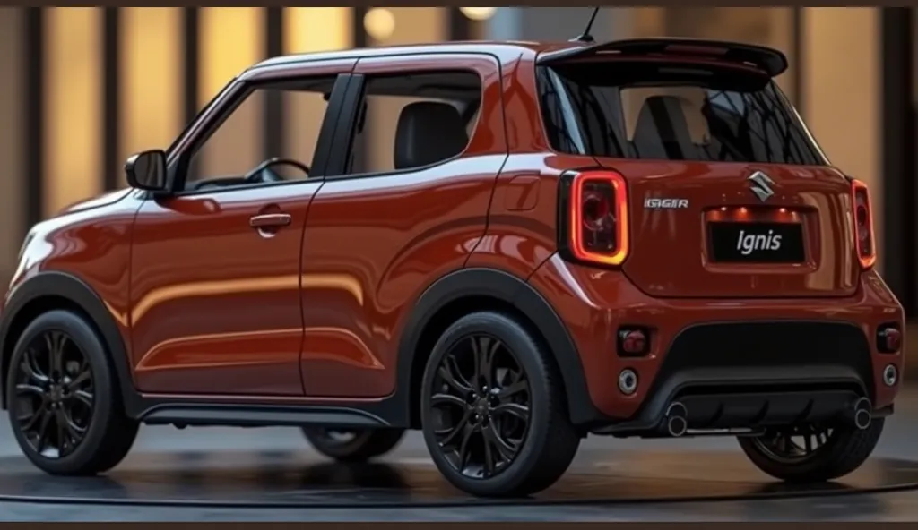 A captivating front view of a the new 2026 Suzuki Ignis) gray Taking center stage in a luxurious white The futuristics golden lights showroom, vibrant exterior gleams and shine, showcasing it's sleek, aerodynamic design and bold