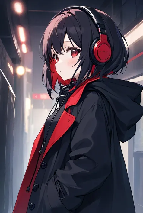 anime style、 girls on the left、Black 8+red 2 of 8:2 colored coat、I don't put a logo or anything on the coat、The coat has a hood、red and black hair【Main black】、headphones【blue and black】、Horizontal position、There's nothing on my back、Eye color is black