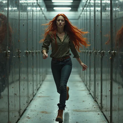 Long-haired woman with dark red hair running away in a room with gleaming metal walls 