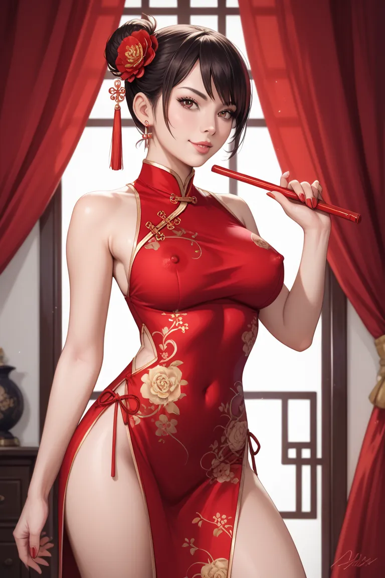 erotic red cheongsam, exposed breasts with red embroidery, ultra mini length, side slits to waist, front slit exposing intimate parts, back exposed with red cross straps