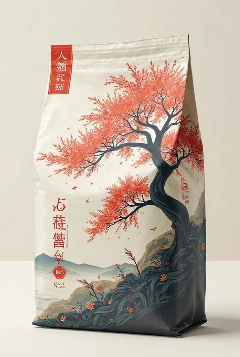 Create me a picture of rice packaging called ST25 Dăk Lak with a volume of 5kg , in the Japanese style, simple, luxurious, featured with image of Dak Lak rice tree 
