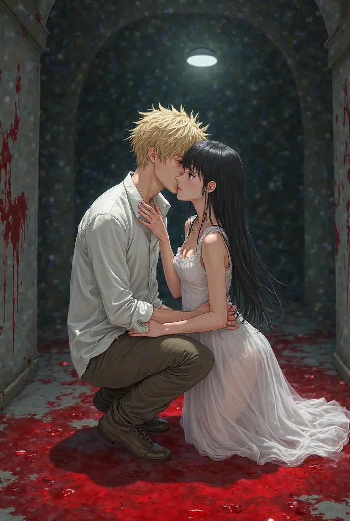 An anime cover like the style of the anime Uzumaki, They are a boy and a girl, the girl has to have long black hair, the brown eyes, the body is too thin, at her skin that is too pale and You have to be wearing a transparent white dress as clothes and you ...