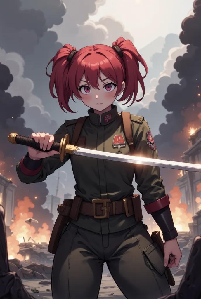 soldier, Young girl, ชุดsoldier,  war ,  full body , fight, I have twintails.,  Light Red Hair , Holding a samurai sword with one hand