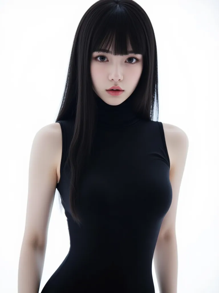 
A Chinese, long black haired girl with bangs, big boba like eyes, pretty mouth, stunning, alluring beauty, best visual ever, pale skin, unique visual, fierce look, realistic, white background, full body in frame, wearing black spy bodysuit