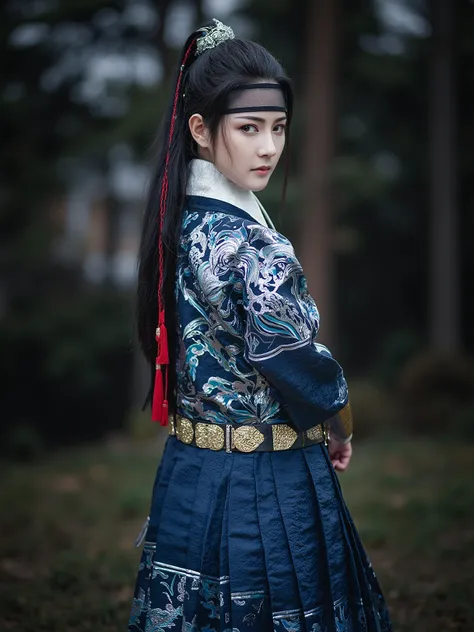 five, impressive and evocative image,  exquisite, Tone of emotion、 dreamy scene,  all  . theme, wearing a five.  girls are long, thin blue robe with intricate blue patterns and patterns, gold, Black and Black.  She has long dark hair styled in a high bun w...