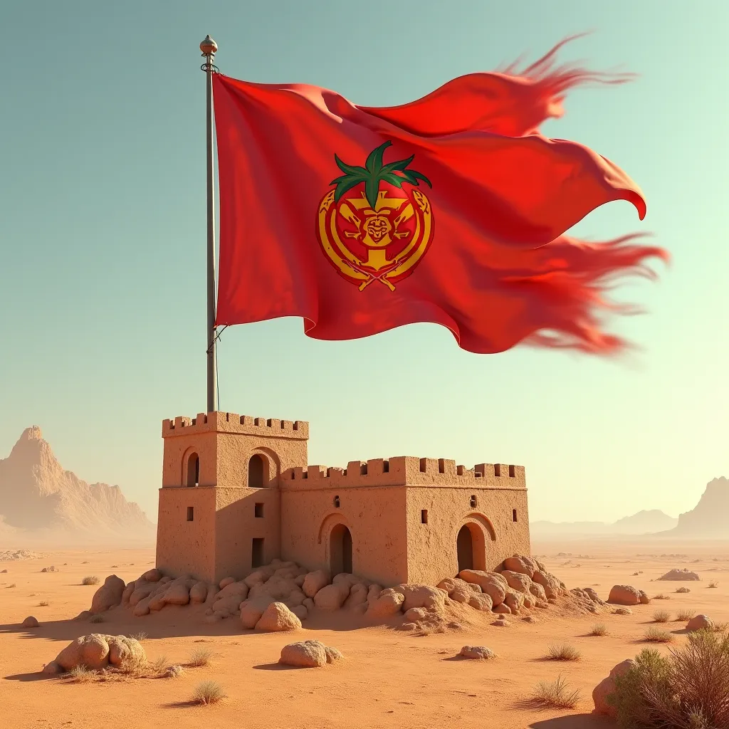 Genrate a image of a flag of tomato Kingdom waving on a dry fort, full cinematic seen dry seen, 