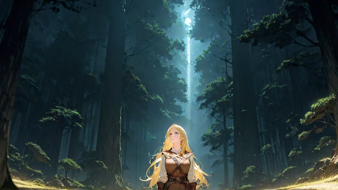  huge _very high resolution, high resolution, 걸작, recent, 1 female, long hair, yellow hair, light smile, medieval adventurer outfit,  soft_light,  blurry , Magnificent Woodland Landscape, At the top of a towering tree, Panoramic View, , high resolution bac...