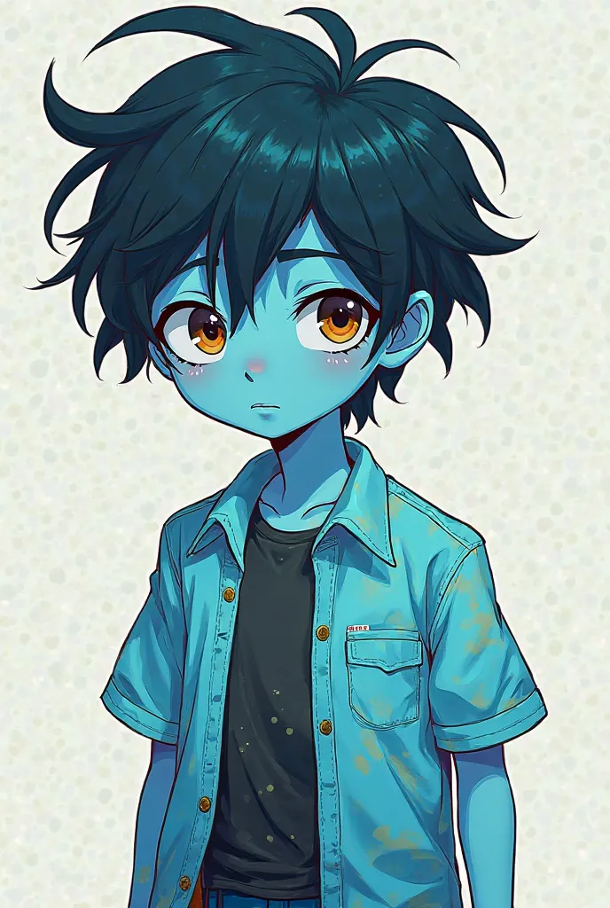 Anime boy with messy, black hair with aqua blue skin. His shirt and pants were different shades of blue with the top being faded light blue and his pants being dark blue. And he had brown eyes