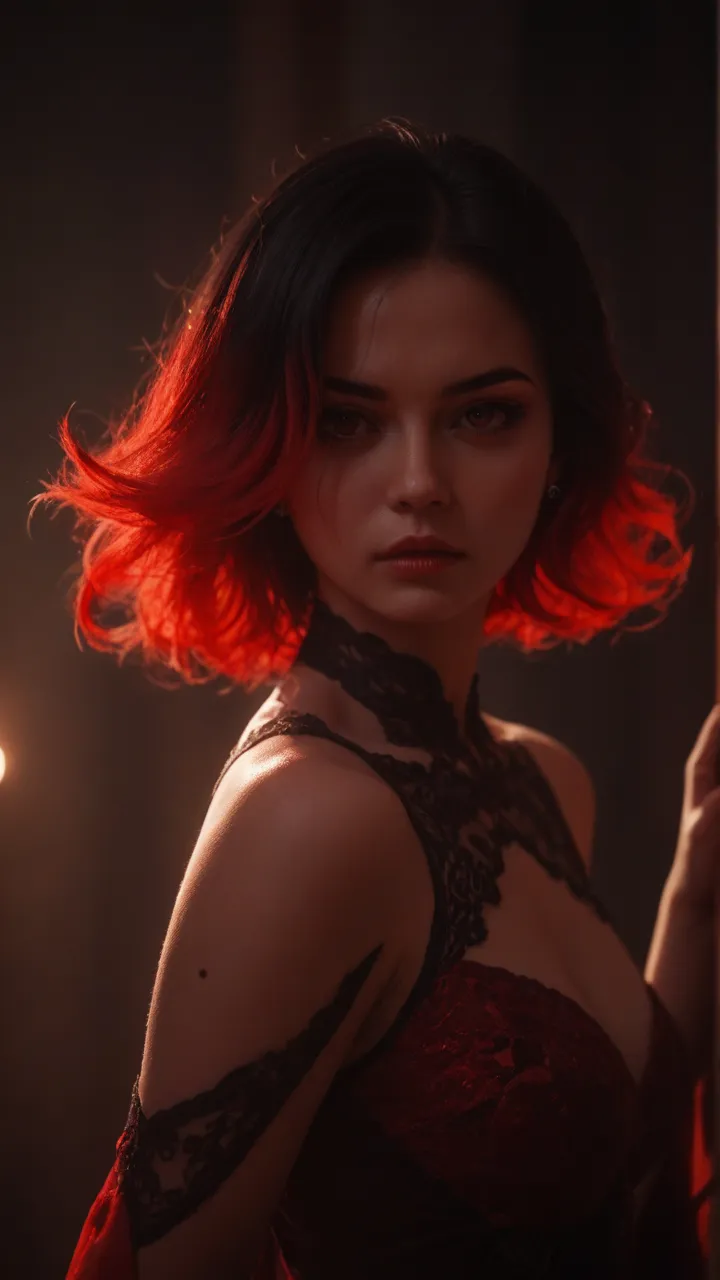 A young Korean idol with long, black hair stands in a stunning photo shoot with her sister, whose vibrant red hair contrasts strikingly against her own. The sisters are positioned in an elegant, dramatic pose, surrounded by an atmosphere filled with soft l...