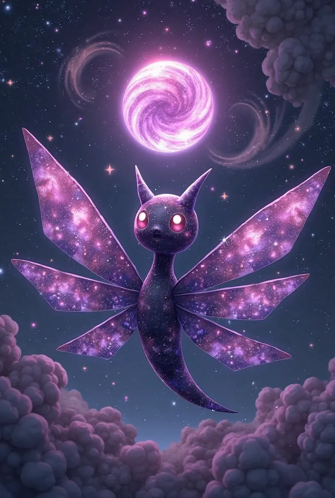 Design a pokemon in the pokemon art style with cosmic, galaxy-like pattern within it, swirling in shades of deep purple, violet, and black with stars that twinkle across its body. Its dragonfly-like wings are now shaped like celestial constellations, givin...