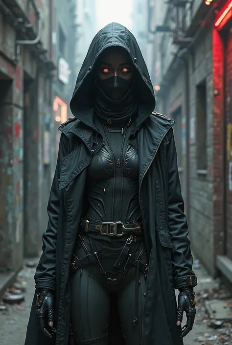 a woman dressed in black standing in front of a gray background, cyberpunk streetwear, a futuristic kitbash, a dark hooded specter, a white woman with a black fabric mask, a work in the style of Todd Lockwood, a portrait of Fortnite, very detailed clothes,...