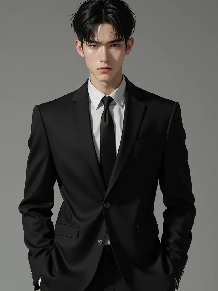 A handsome Asian man in his mid-20s with a height of 181 cm. He has a muscular body, abs, strong impression, and black hair, I have a beard at the tip of my chin, my eyes are very small, sharp, and I have a black suit jacket and a white shirt,  black tie, ...