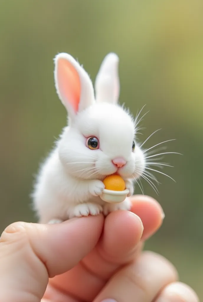  Pinch a small bunny with your finger ， Little Minzi's body is the size of a nail cover ，fluffy white， Holds a small ice-cream-like object in her mouth。Blurred natural background ， to highlight the cute image of Little Minzi 。