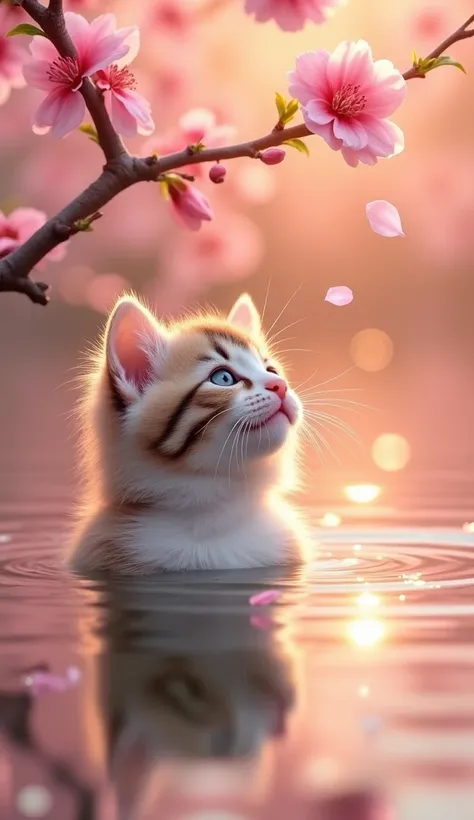 "A small, fluffy white and brown kitten partially submerged in a calm, reflective body of water, gazing up at a delicate pink cherry blossom. The scene is bathed in soft, golden-orange sunset light, creating a warm, dreamy atmosphere. The water is gently r...