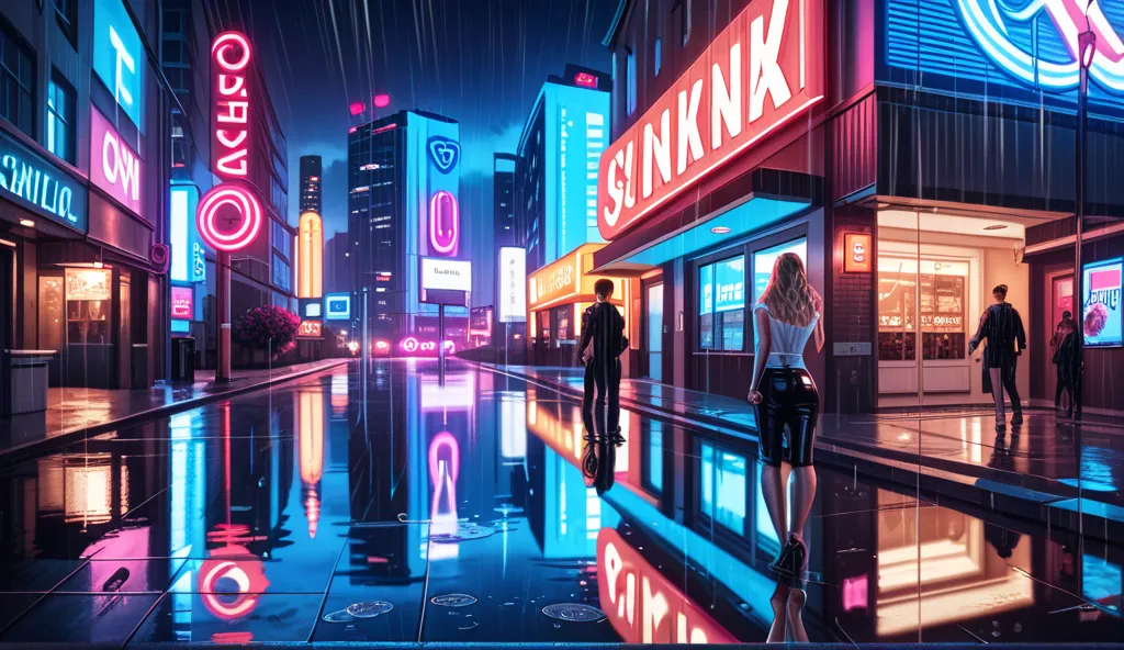 A rainy city at night with neon lights. A couple stands apart on opposite sides of a crosswalk, hesitant and conflicted. Their reflections in the puddles appear to be holding hands, symbolizing their emotional connection despite the distance. The atmospher...