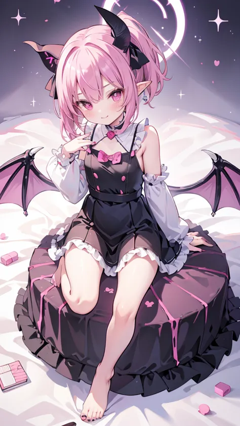 (masterpiece, best quality, ultra-detailed), succubus child, characteristic, playful & sweet, hair color, candy pink, hairstyle, m-shaped bangs, twin ponytail, hair length, short hair, eyes color, ruby red, eyes type, round eyes, ears type, fruit bat ears,...