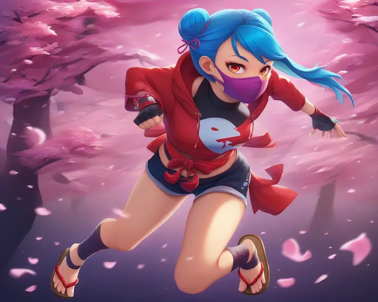 1girl, Bangs, blue hair Hair Bun, a hoodie kunoichi 
Hoodie cherry blossom pattern long sleeve  fingerless gloves skirt and sandals kung fu shorts bow behind her back  ninja mouth mask