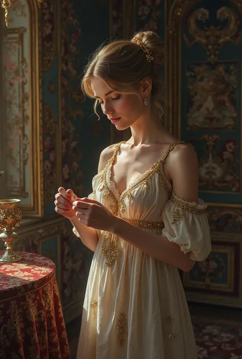 generate a semirealism drawing with 1800s france setting in a dark room. a blonde girl who is a age 18 years old princess with her lightweight thin sleeping dress looking through her mother’s jewelry