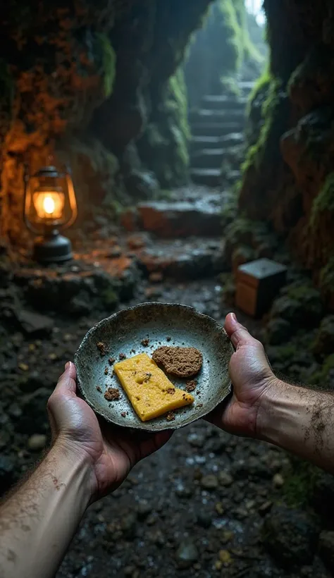 A dark and atmospheric scene set inside a damp and narrow cave, with dark stone walls covered with moisture and moss. In the background, an ancient lantern The metal lamp dimly illuminates the environment, , casting a warm light and yellowish that contrast...