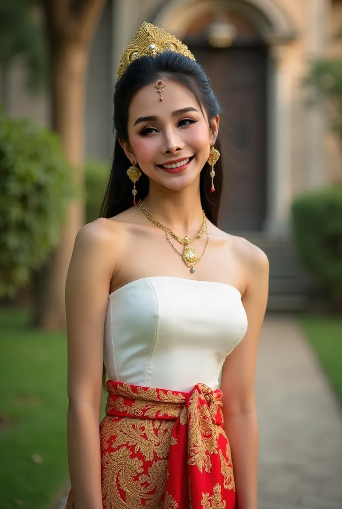 Portrait photo of a young woman dressed in traditional Southeast Asian attire, standing gracefully outdoors.. She wore a single-breasted white bodice paired with a red and gold sarong fabric with an elaborate pattern.. embellished with gold jewelry,, Combi...