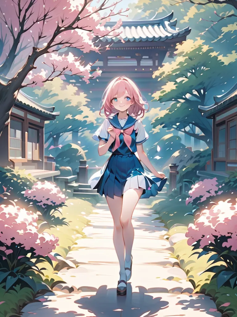   enchanting(Inside a Japanese garden)in、 normal breasts 、(Ping-colored hair)Sailor uniform,, , blue sailor suit, unexposed sailor costume,  blue eyes,smiles,  in front of Shimokitazawa station, 