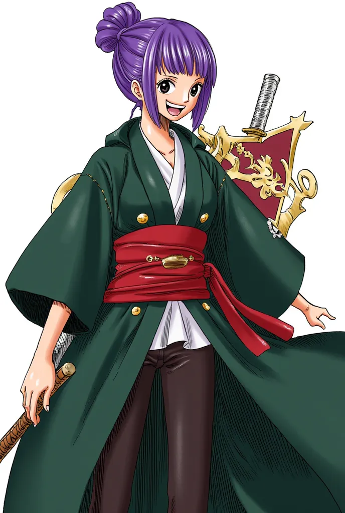 20 year old woman with purple hair tied short full body with big boobs cheerful with a smile wearing a long dark green samurai coat, A red sash