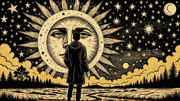 
a young religious man seeing the sun, moon and eleven stars in the sky.

 Create a rustic woodcut style image digital art surreal, using only black, beige and yellow colors.
