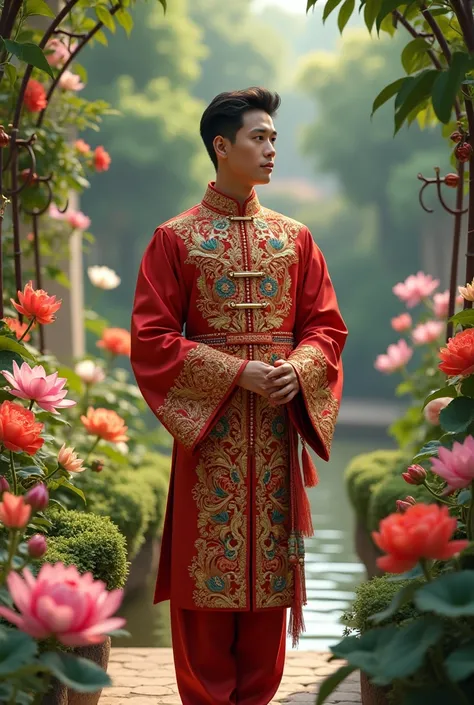 A young Thai man wearing a Thai Chakri suit in a flower garden