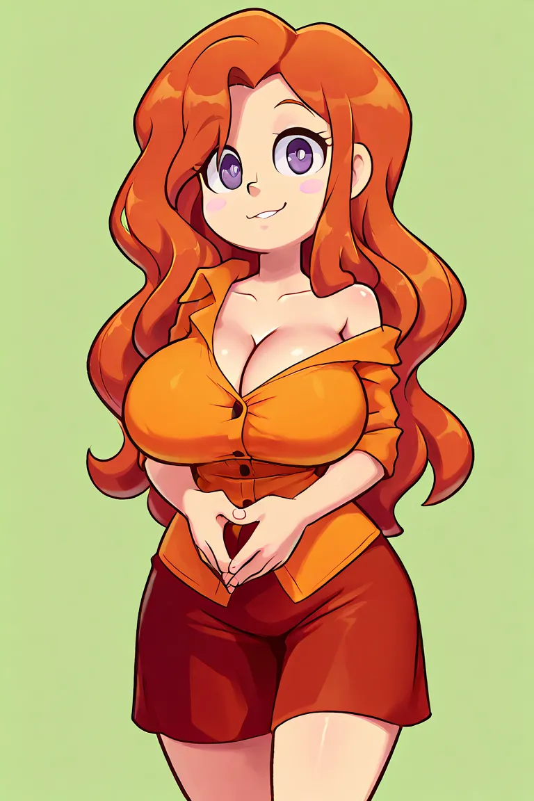 chica, Caucasian,  thin,  purple eyes, rough and sexy look , big breasts, long wavy hair, Dark redhead. orange shirt. He has a lot of correspondence in his hands and he reads. Crear stickers. green background.