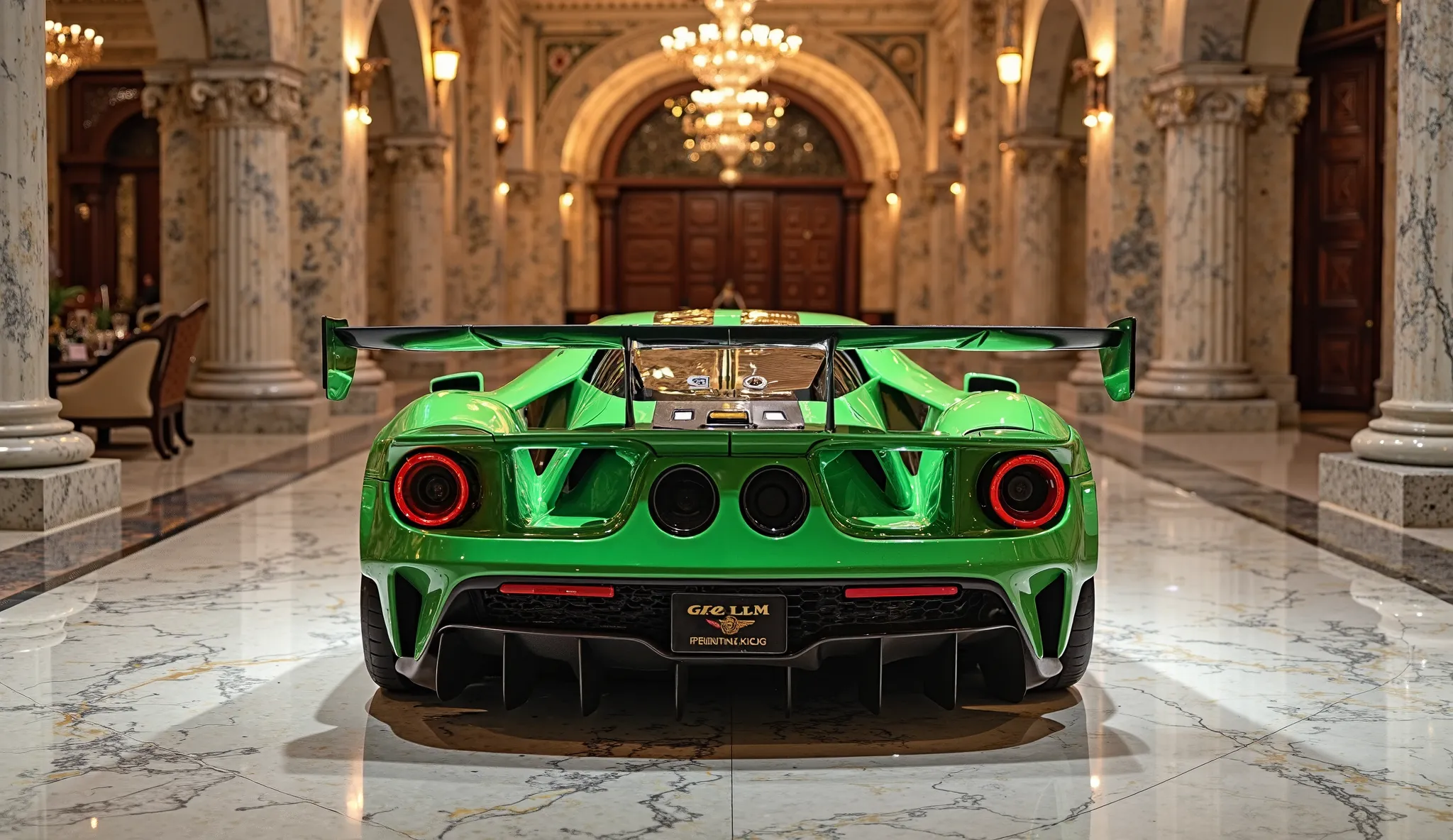 "A magnificent 2025 ford GT LM GTE -Pro in pure green, captured from a straight full back view in an opulent indoor studio setting. The car is showcased in a luxurious showroom with polished marble floors, soft ambient lighting, and intricate architectural...