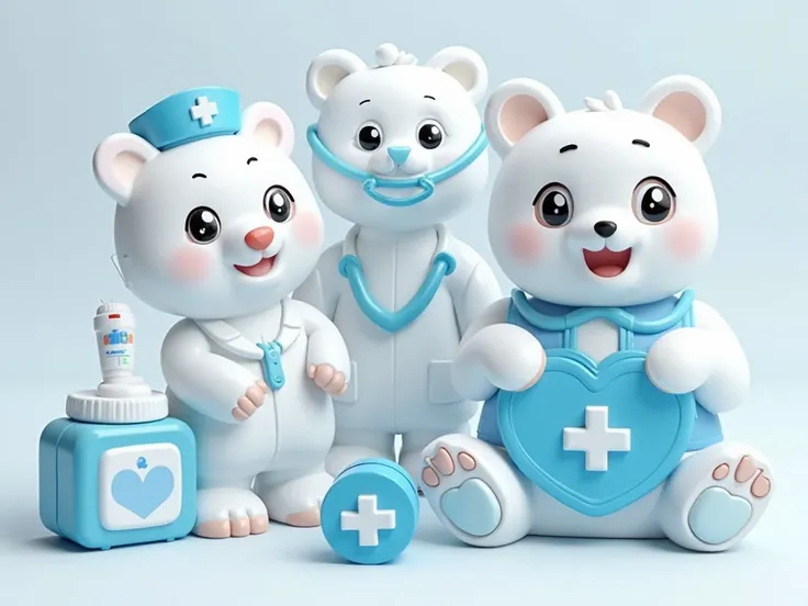 Set of cartoon medical supplies toy models，blue white，Little bear element，Stethoscope，Medicine Bottle，Medicine Box， syringe，hand sanitizer，thermometers，blood pressure monitor，scalpel ，surgical forceps，Folders