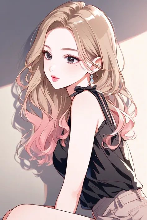 adult gal、 white、watercolor、1 girl、beautiful face、cool beauty、Half Body、 night view、beige hair、 red gradient hair、black eyes、sling、eyelash、black blouse、 shorts 、pink cheeks、small lips、pink lips、 from afar、Simple earrings、Mole