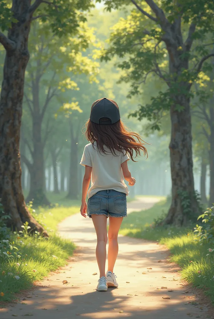 Girl with long hair up to waist, wearing black baseball cap, plain white tshirt, denim shorts, white keds sneakers, walking in a pathway of a park, trees on the side