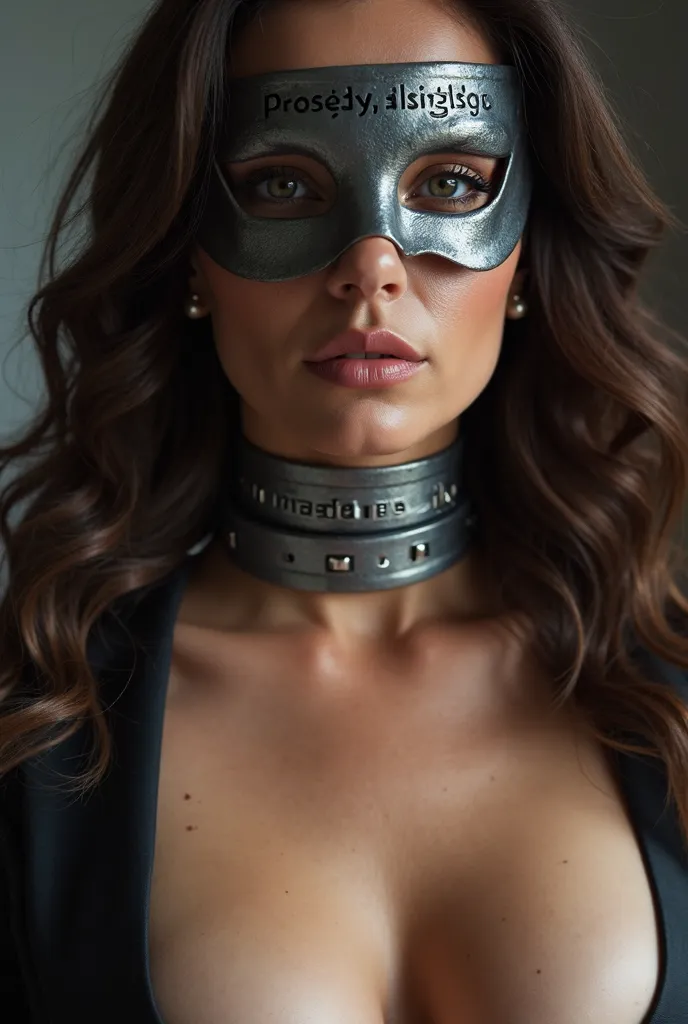 Closeup of the neck of a brunette big breasted naked woman wearing a silver metal collar ((with ‘Nastazia’s Property’ engraved on it)) her face is covered in a full hood latex gimp mask